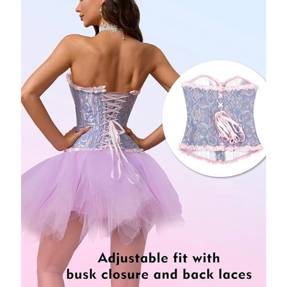 Overbust Corset Blue & Pink Iridescent Brocade Ren Faire Cosplay Size Large - Picture 2 of 7